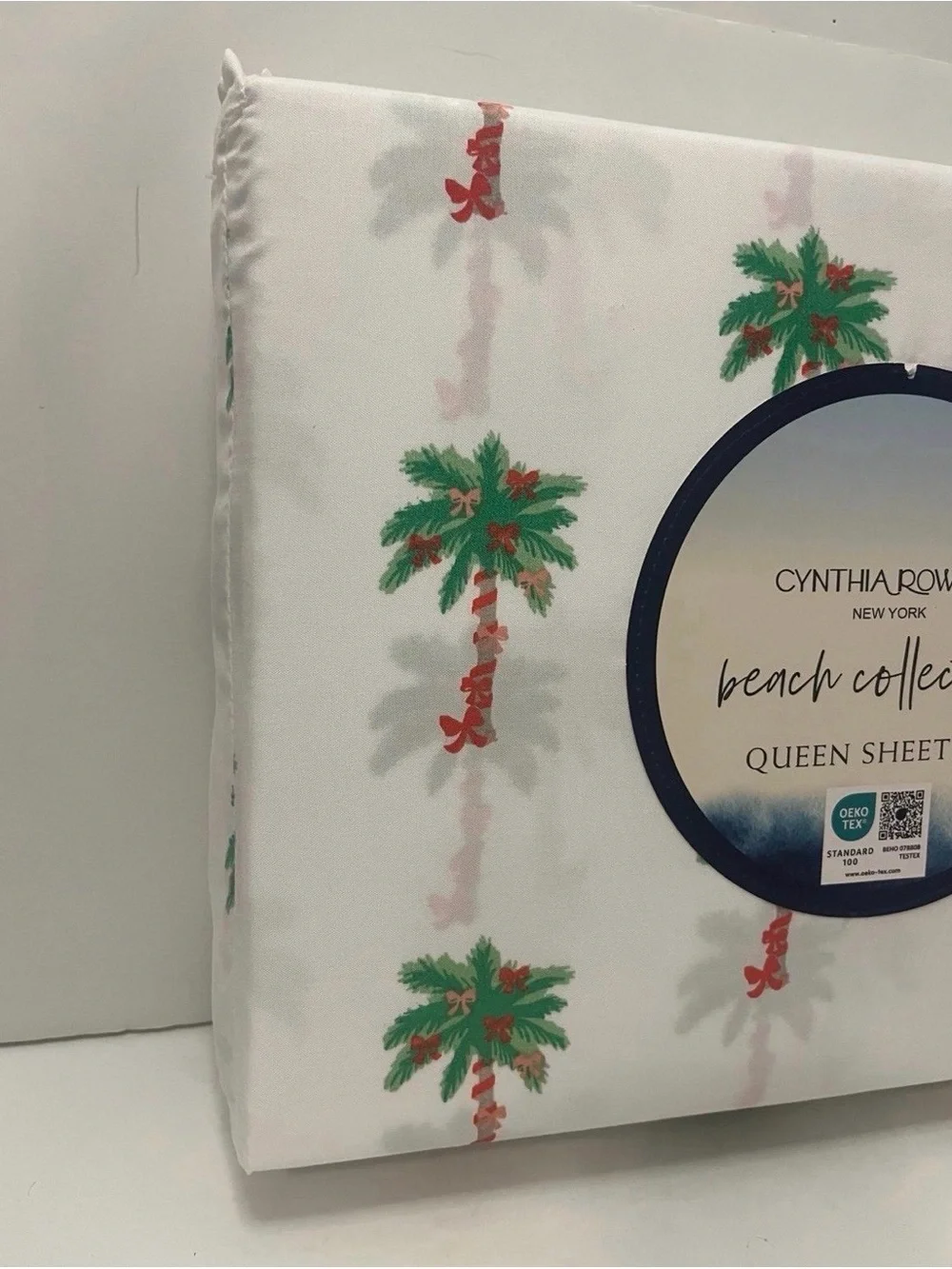 Cynthia Rowley Beach Collection Queen Size Sheet Set Bows on Palm Trees